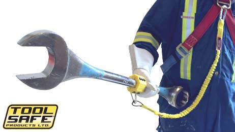 ToolSafe® Clamps with Safety Landyard on large wrench.